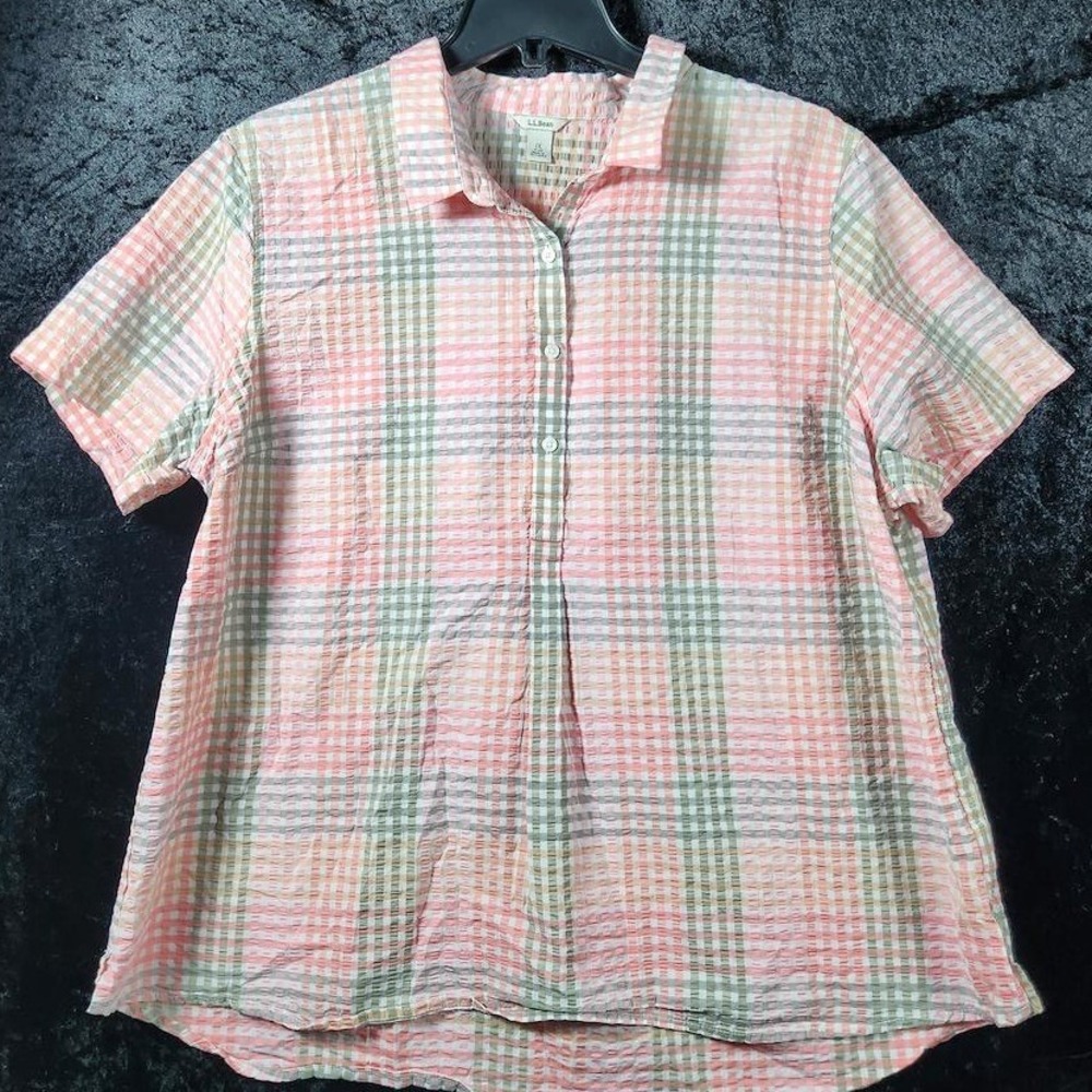 LL Bean Womens 1X Plus Pink Plaid Seersucker Short Sleeve Button Up Shirt